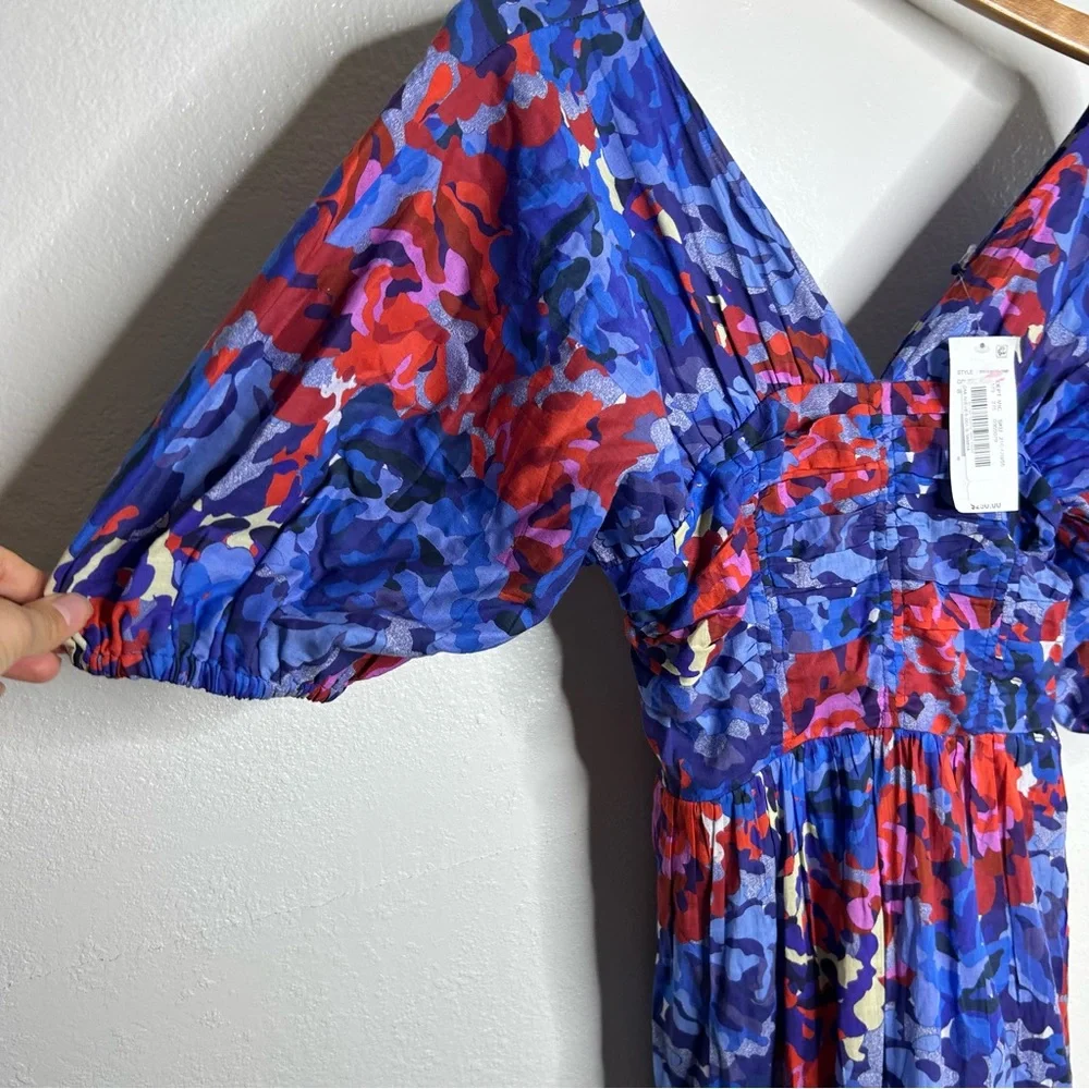 NWT Ro's Garden 100% Cotton Blue Red Floral Puff Sleeve Nieves Maxi Dress Small
